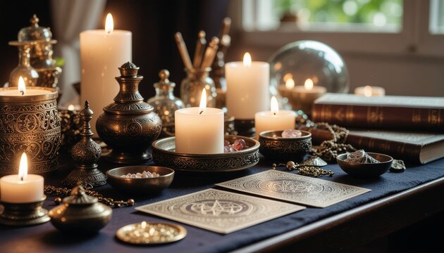 Mystical divination table with tarot cards, crystal ball, lit candles, and vintage occult artifacts

