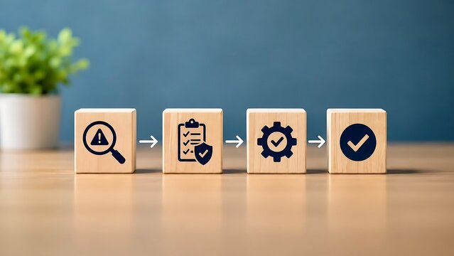 Wooden blocks showing problem solving process steps with icons for identification, assessment, processing, and successful resolution or compliance audit concept.