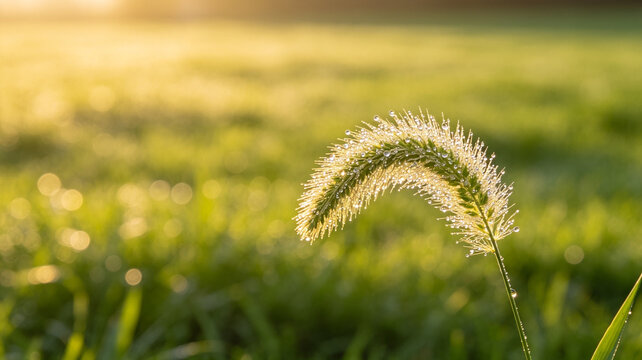 Close-up of a foxtail grass blade covered in sparkling dew drops, captured during a golden sunrise in a lush green meadow.