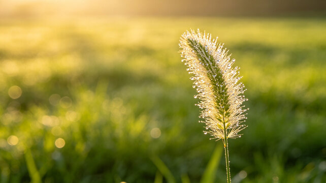 Close-up of a foxtail grass ear covered in morning dew drops, backlit by warm golden sunlight in a blurred green meadow at dawn.