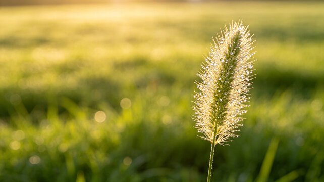 Close-up of a foxtail grass head covered in sparkling morning dew drops, backlit by warm golden sunlight in a lush green field.