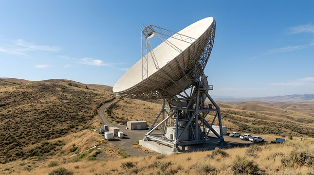 large satellite dish antenna in dry grassy landscape under a clear blue sky for communication and scientific research in remote locations.