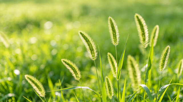 Backlit foxtail grass in a lush green meadow, glowing under soft sunlight with a beautiful bokeh background.