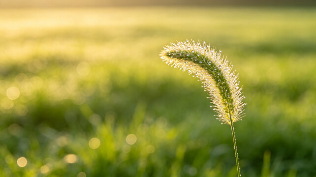 Dew-covered foxtail grass backlit by golden morning sunlight in a lush green meadow with soft bokeh background.