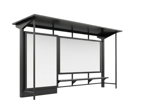 Modern metal bus stop shelter with advertisement panels isolated on transparent background