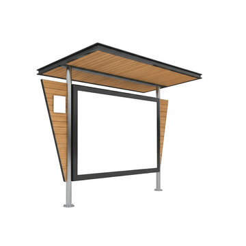 Modern wooden bus stop shelter with blank advertisement billboard signage isolated on transparent background