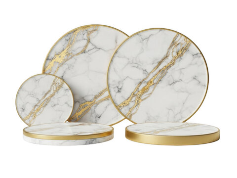 Set of luxury white marble and gold circular display pedestals for product isolated on transparent background