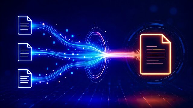 Digital data consolidation concept showing multiple files merging into a single glowing document through a futuristic processing portal representing information integration.