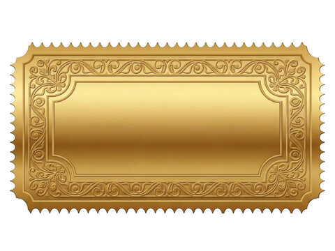 Shiny golden vintage ticket or label frame with decorative floral corners isolated on transparent background