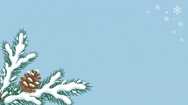 雪をまとった常緑樹と松ぼっくりの冬の対角線背景