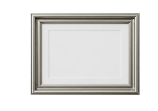 Empty rectangular picture frame with a classic silver border isolated on transparent background