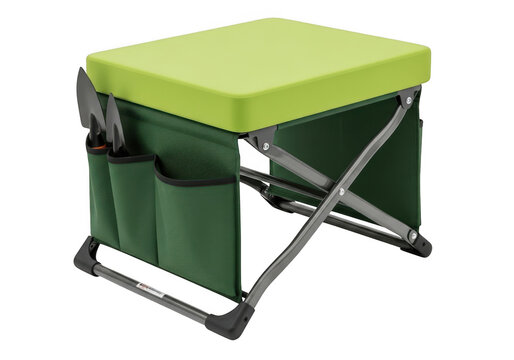 Portable folding garden stool with tool storage pockets and green seat isolated on transparent background