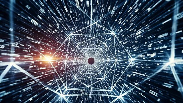 Abstract digital tunnel with glowing hexagonal lines and data streams, representing technology and speed.