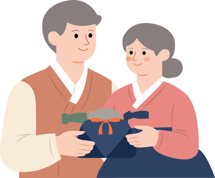 한복 입고 보자기 선물 들고 있는 노부부 일러스트