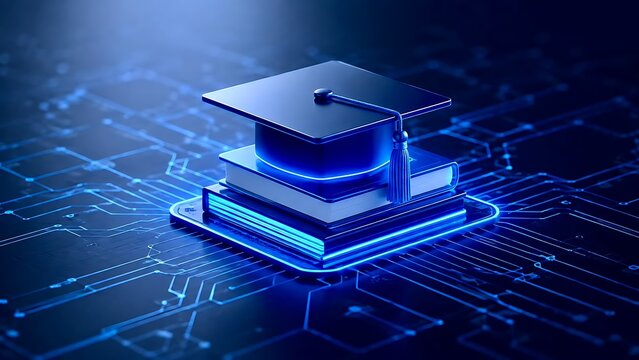 Graduation cap and stack of books on a glowing blue digital circuit board representing online education, digital library, and modern e-learning concepts.