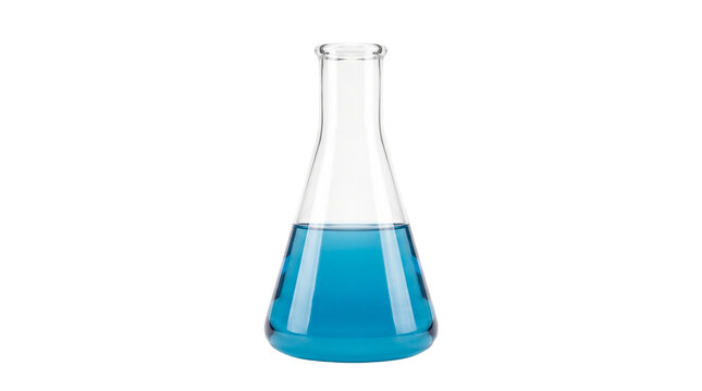 Clear Glass Erlenmeyer Flask with Blue Liquid Isolated on Pure White Background