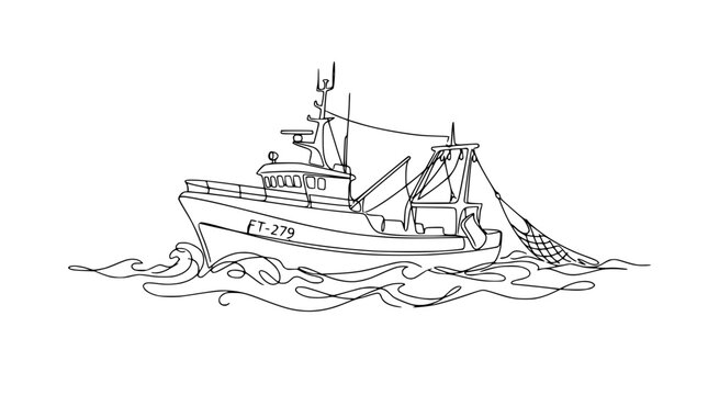 Fishing Trawler Boat Sketch on Wavy Sea, Netting, Maritime Industry