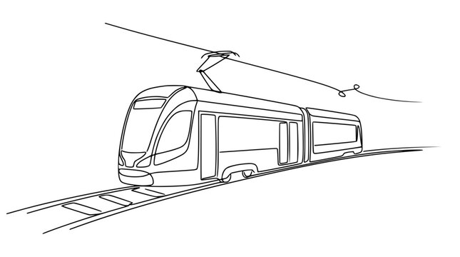 Modern Tram Train on Tracks, Line Art Illustration, Urban Transportation