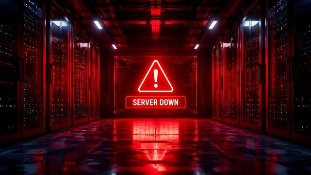 Dark data center server room showing a glowing red server down warning alert sign during a major network outage