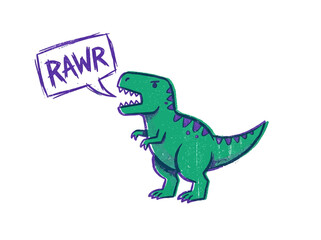 Cartoon dinosaur roaring with speech bubble isolated on white © Rejeki