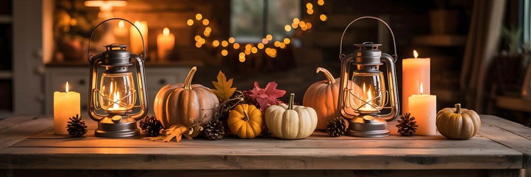 Warm glowing candlelight illuminates a rustic autumnal still life display