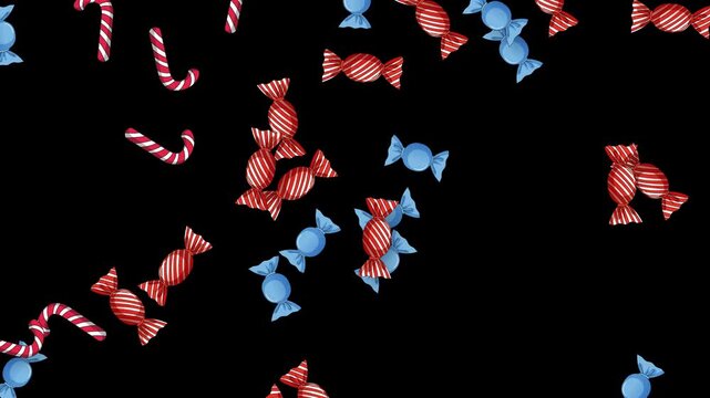 Assorted Red and Blue Holiday Candies Falling on Black Background