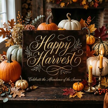 Warm autumn still life with happy harvest calligraphy wood sign