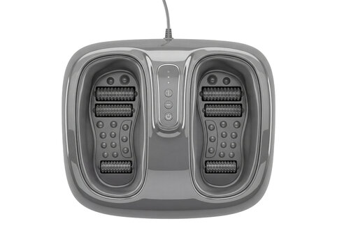 Silver foot massager with multiple nodes and control panel presented on transparent background massage device care