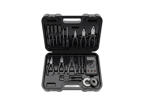An assortment of black handled hand tools neatly arranged inside an open toolbox on transparent background