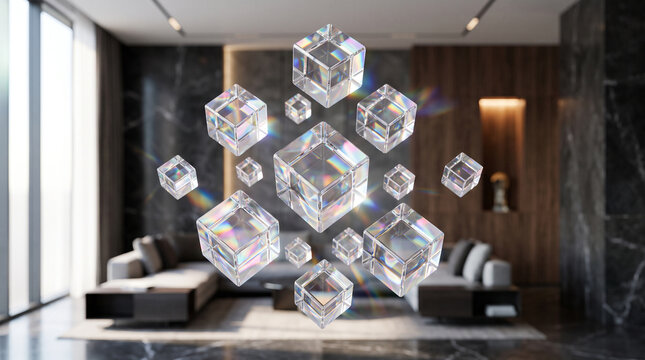 Floating crystal cubes in luxury interior. Abstract glass geometric shapes in modern room.