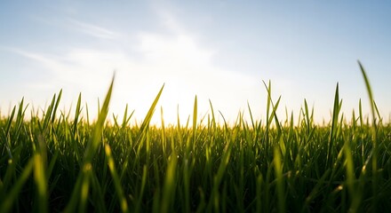 Obraz premium Low angle ground level shot of lush green grass growing in a field against a bright sunny sky.