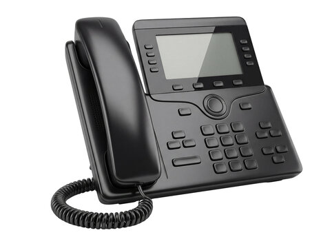 Black ip phone with handset and numeric keypad rests on transparent background office desk telephone telecom