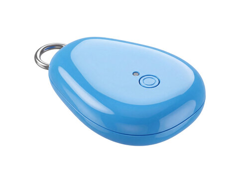 Blue plastic key fob with metal ring and circular button isolated on transparent background keyring chain