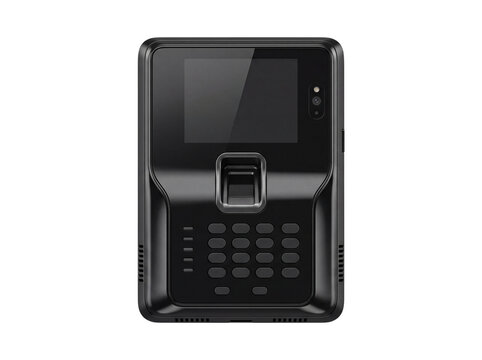 Black biometric access control device with keypad and screen isolated on transparent background scanner fingerprint reader