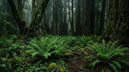 Fototapeta premium Lush Green Ferns and Mossy Trees in a Dark Enchanted Forest.