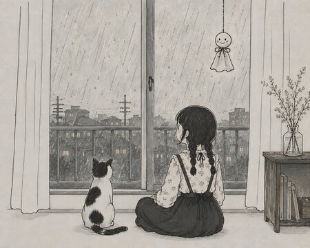 Cozy Japanese girl and cat looking at the rainy city through a window with a teru teru bouzu hanging