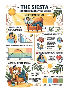 Educational infographic about the science and benefits of a siesta