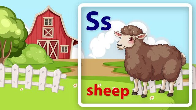 Educational Alphabet Animation for Letter S with Cartoon Sheep and Farm Background