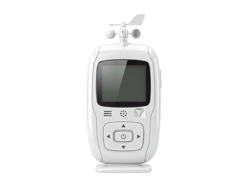 White handheld anemometer with digital display and wind speed sensor on transparent background meter gauge weather