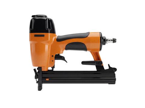 Orange and black pneumatic nail gun with metal magazine detailed rendering on transparent background tool air