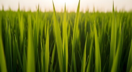 Obraz premium A vibrant close-up view of lush green grass blades reaching towards the bright sky.