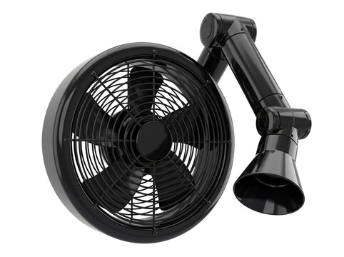 Black adjustable desk fan with rotating head and metallic blades on transparent background cooling appliance air