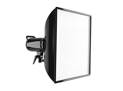Studio flash with rectangular diffuser and adjustable head presented as a 3d render on transparent background
