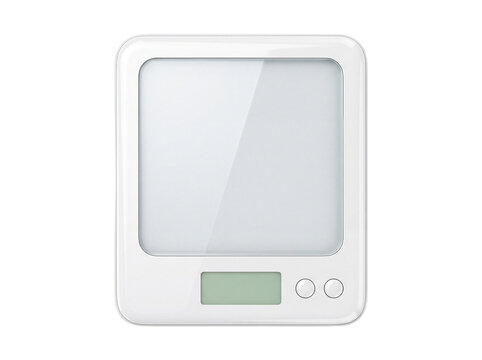 White digital kitchen scale with a rectangular platform and display on transparent background weighing food electronic