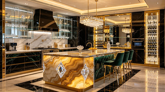 Ultra-luxurious modern kitchen featuring a backlit onyx island with crystal accents, emerald velvet stools, and gold-trimmed black marble cabinetry.