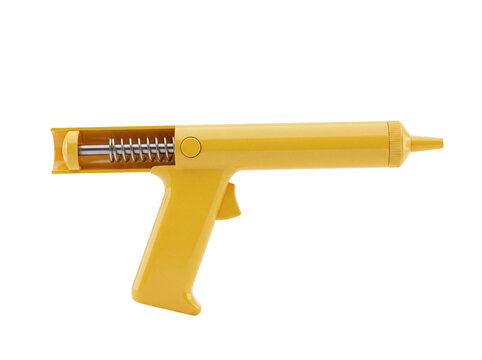 Yellow caulking gun with visible coiled spring mechanism presented as a 3d render on transparent background