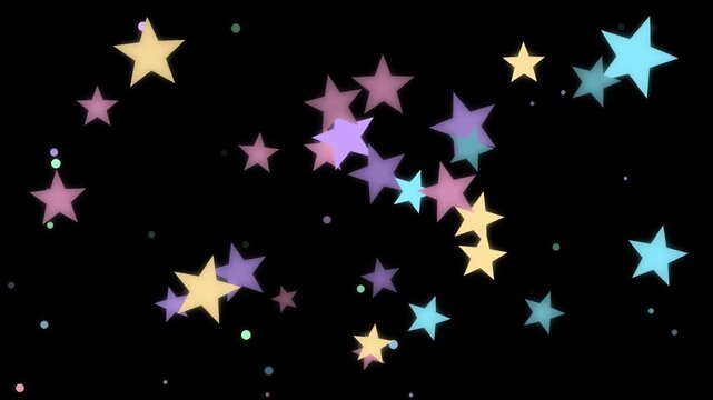 紫や水色や桃色が混ざる淡い星形群が浮遊しながら明滅する透過のシームレスループ映像