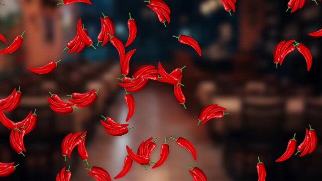 Red Chili Peppers Falling Against Blurred Restaurant Interior Background