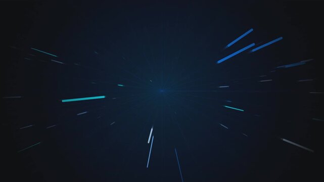 Abstract blue light streaks moving fast through dark space like hyperdrive, futuristic technology background motion.