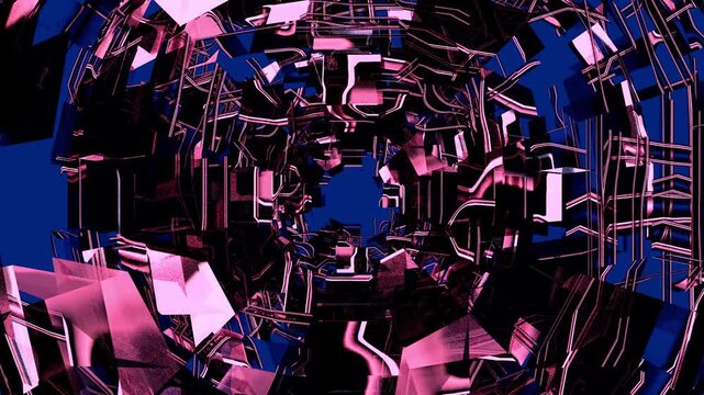 Data Pulse - pink and deep blue circuit tunnel receding into vanishing point, seamless loop 4K abstract tech background